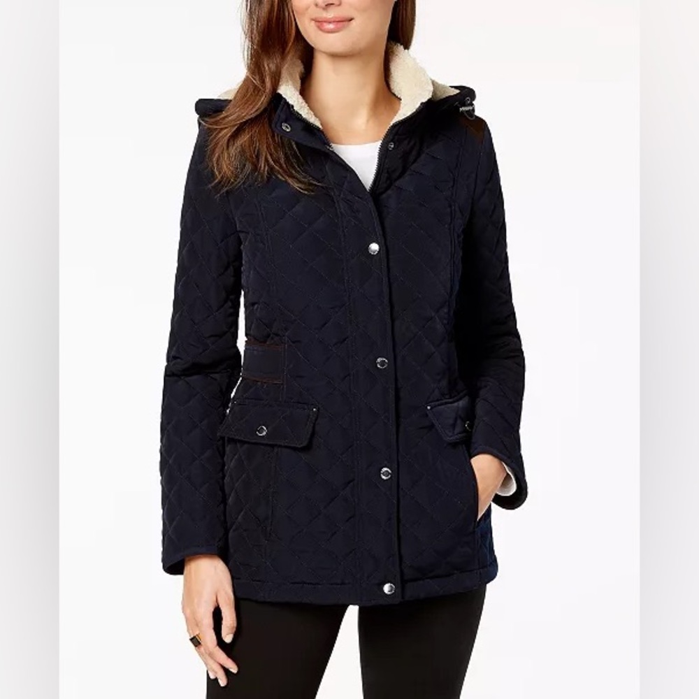 Laundry by Shelli Segal Fleece-Lined Hooded Coat‎ Navy Blue Quilted Sz L